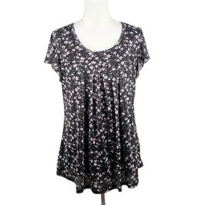 Furnex Black Pink Floral Crewneck Casual Classic Flowy Short Sleeve Top Size L